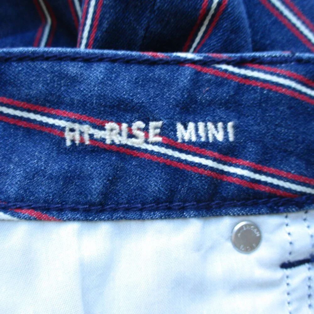 American Eagle Skirt Womens 12 Blue Red Striped Denim Jean Mini Stretch Raw Edge - Picture 7 of 13